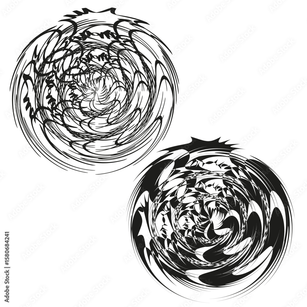 Poster abstract swirl patterns. chaotic circular lines. dynamic vector motion. black white illustration.
