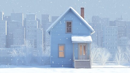 Fototapeta premium 雪の降る街の家、3Dイラスト