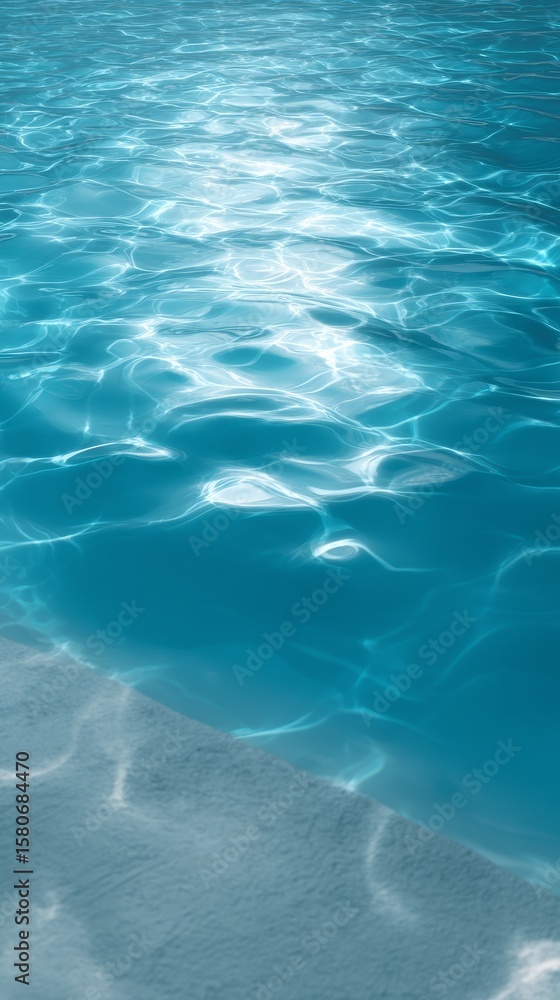 Poster realistic clear blue water surface with gentle ripples and soft sunlight reflections viewed from abo
