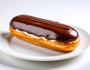 Chocolate eclair on a plate with white background.