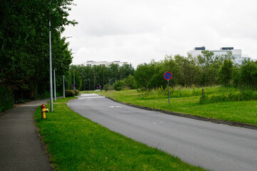 Quiet city road with greenery and buildings in Reykjavik, Iceland