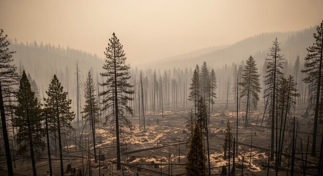 Stark landscape of a burnt forest with bare trees under a hazy, smoke-filled sky.