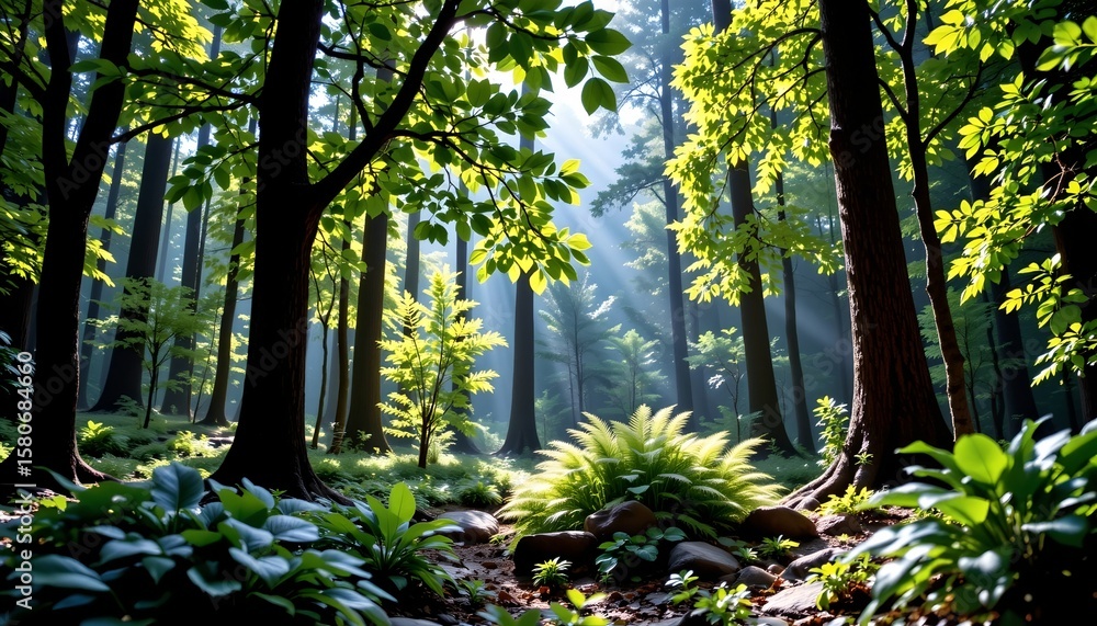 Poster the image depicts a tranquil scene of a forest with towering trees and an array of plant life, a den