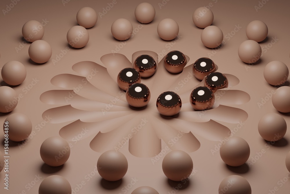 Poster delicate 3d composition of floating spheres in mocha mousse tones with soft shadows and minimalist a