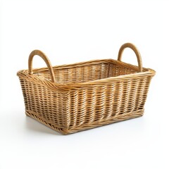 Obraz premium Rectangular woven wicker basket with two handles isolated on white background