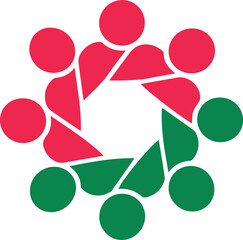 Abstract circular arrangement of red and green people shapes forming a flower