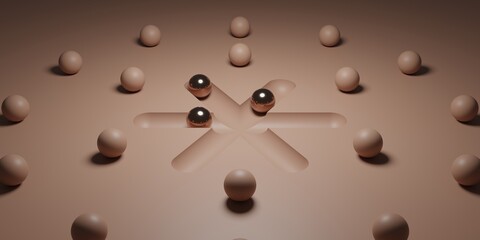 Modern 3D Arrangement of Spheres and Geometric Shapes with Realistic Shadows in Mocha Mousse Palette, Designed for Elegant Design Montages, Backgrounds or Creative Edits