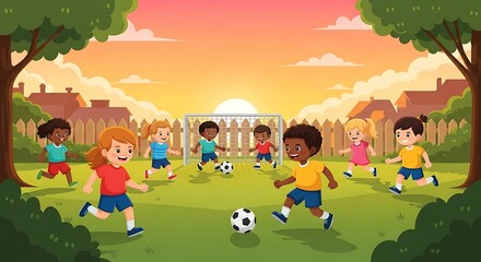 A group of diverse children playing soccer on a sunny, grassy field during sunset.