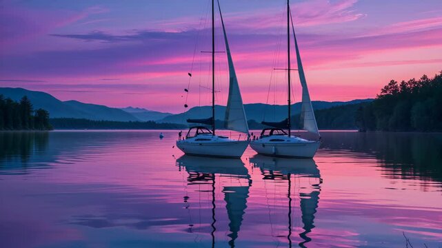Tranquil Sailboat Reflections on Serene Lake at Dusk with Vibrant Lavender and Rose Sky
