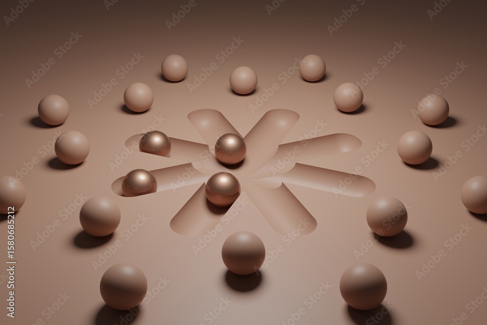 Poster circular arrangement of abstract spheres in 3d render with mocha mousse palette, featuring balanced 