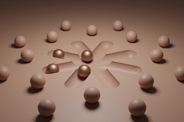 Circular Arrangement of Abstract Spheres in 3D Render with Mocha Mousse Palette, Featuring Balanced Symmetry for Modern Backgrounds, Branding Identity or Design Compositions