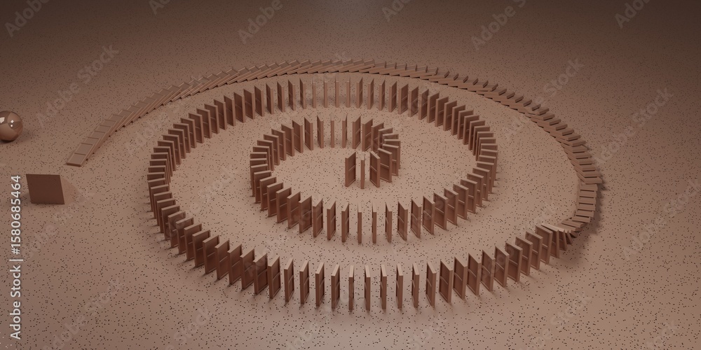 Poster 3d domino spiral chain reaction animation featuring rolling sphere in mocha mousse tones, useful for