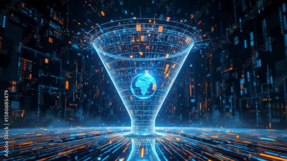 Poster the concept of big data technology and information funnels. large digital funnels with online data a
