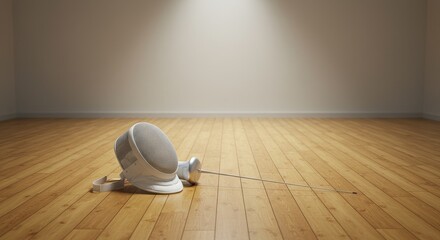 A fencing mask and foil lay on a wood floor bathed in soft light against a plain wall