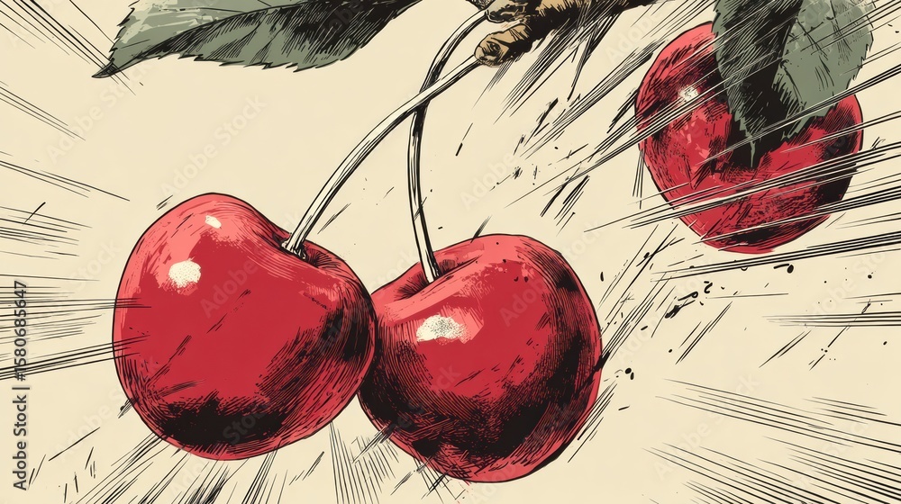 Poster graphic novel style cherries with motion lines create a dynamic visual of freshness and energy in a 