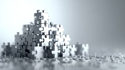 3D Rendered Falling Puzzle Pieces in Minimal Business Composition with Soft Lighting and Clean Background