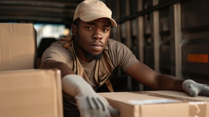 African American Delivery Man Moving Boxes in a Truck, Focused on His Work, Providing Moving and Logistics Services Professionally with Gloves and Cap