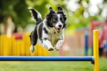Dog leaps over hurdle on agility course