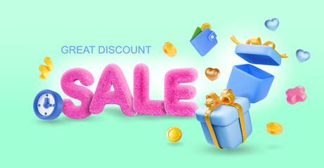 3d illustration of sale banner on azure background, sale word balloon with wallet, shopping bags, gift box, coins and confetti elements flying around