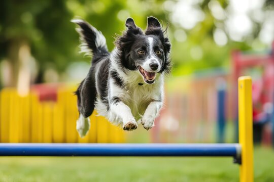 Dog leaps over hurdle on agility course