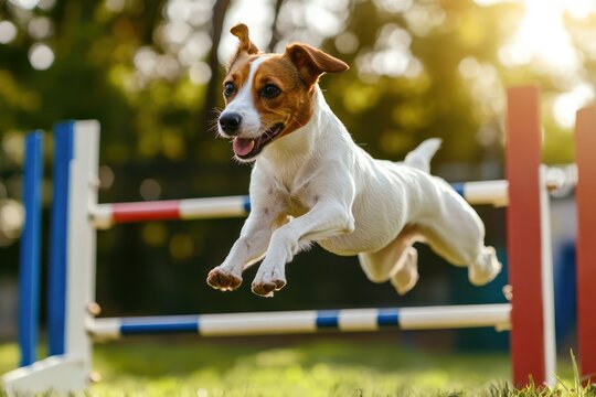 Dog leaps over hurdle on agility course - Powered by Adobe