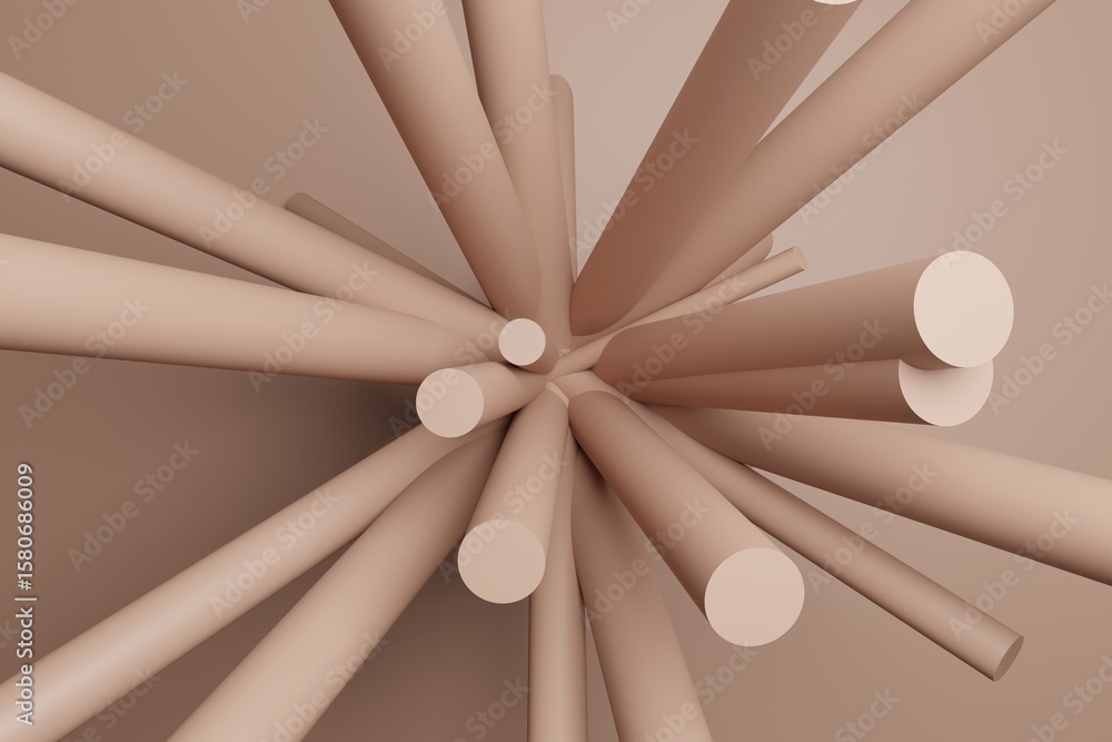 Poster radial composition of cylindrical 3d rods emanating from center point in mocha mousse color palette,