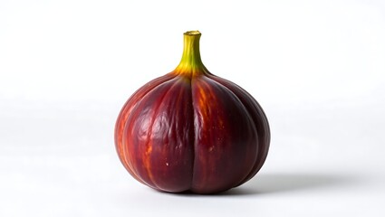 Fototapeta premium A single ripe fig with a short stem on a white background showing its ribbed texture and dark color