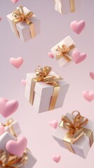 3D Rendered Valentine's Day Flying Gift Boxes with Golden Ribbons and Pink Hearts on Pastel Background