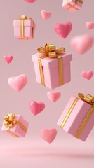 3D Rendered Valentine's Day Flying Gift Boxes with Golden Ribbons and Pink Hearts on Pastel Background