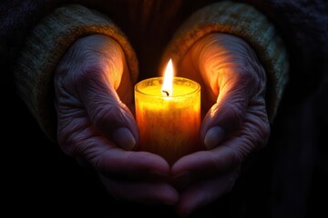 Elderly hands holding lit candle in darkness