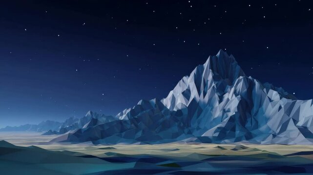 Low poly mountain landscape under starry night sky in cool tones