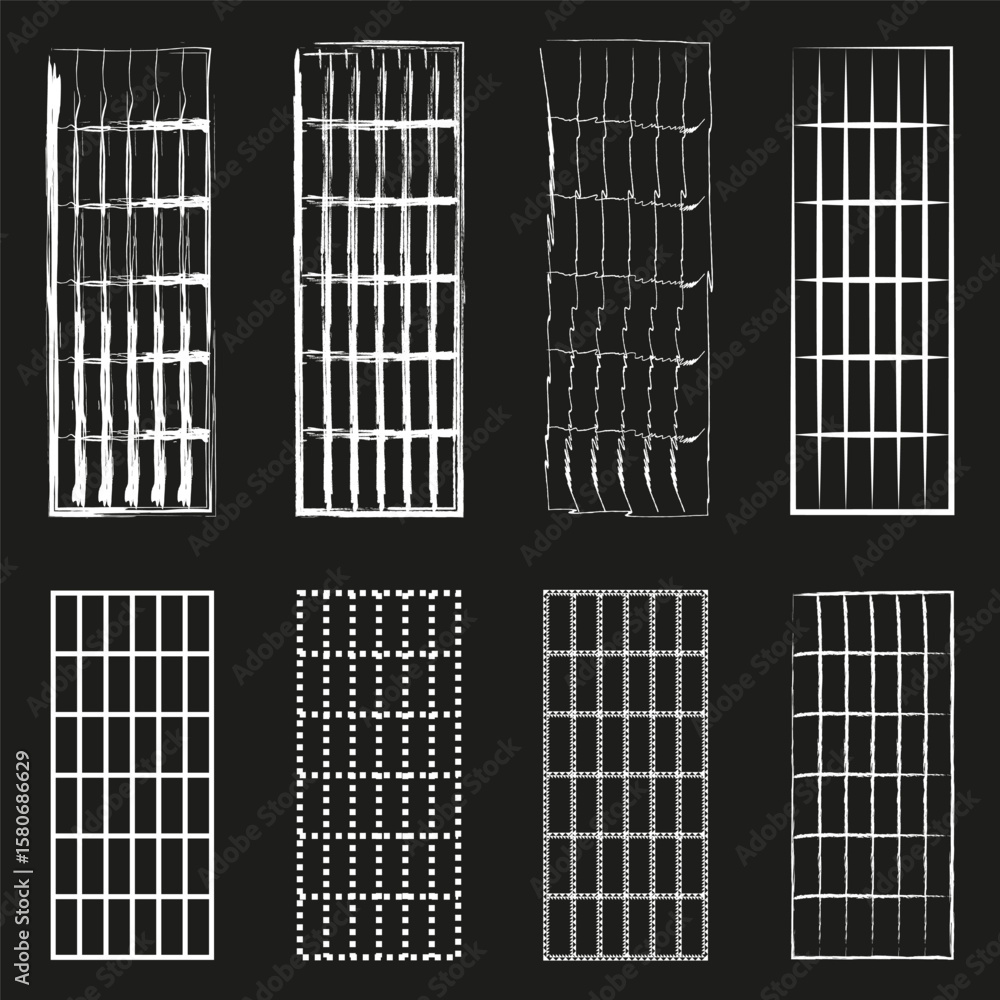Poster white grid patterns. distorted line textures. rectangular lattice forms. vector grunge elements.