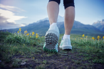Trail runner  running  on the high altitude grassland mountain top trail