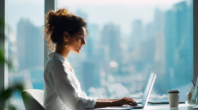 Confident Indian and Latin women in office workspace, typing on laptop computers for business learning or remote tasks, modern desk setup with cityscape view and blank banner background


