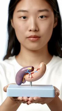 Young Woman in White T Shirt Holding Spleen and Pancreas Model Against White Background Perfect for Anatomy Education and Medical Awareness