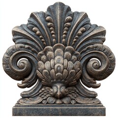 Decorative stone carving with intricate shell and leaf patterns.