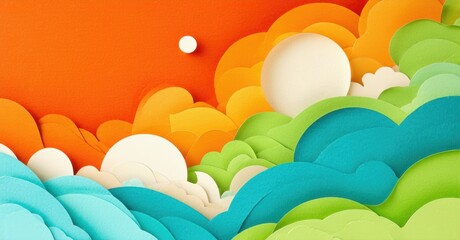 Fototapeta premium Papercraft landscape depicts rolling hills, sky, sun. Vibrant colors create whimsical, layered scene. Orange dominates upper portion.