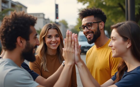 Successful multiethnic team of young adults give high five to friend. High quality - Powered by Adobe