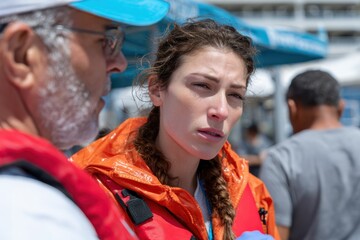 Two individuals in safety gear are engaged in a serious discussion by the coast, indicating a scenario of urgency, teamwork, and dedication to safety during beach activities.