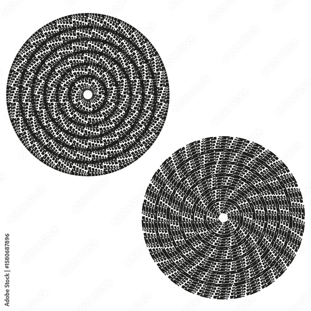 Poster concentric pixel discs. spiral mosaic rings. dynamic circular vector. detailed black pattern.