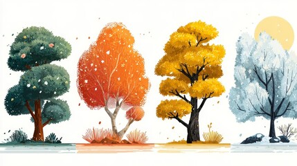 Four Seasonal Trees in Flat Vector Style. Spring, Summer, Autumn, Winter Clipart on White Background