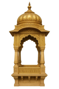 Golden Indian Pavilion, Traditional Chhatri with Archway, Mughal Architectural Element isolated