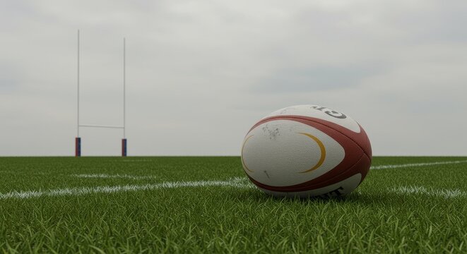 A rugby ball rests on a green field with white lines and goal posts under a cloudy sky - Powered by Adobe
