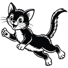 Obraz premium Playful cartoon black and white cat jumping with happy expression silhouette