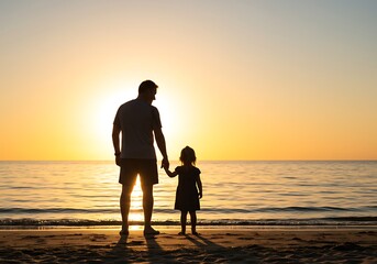 Father and Daughter Enjoying a Golden Sunset Beach Stroll. Generative Ai