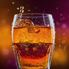 Macro photo of bubbling sparkling drink in a glass, condensation droplets visible, vibrant saturated color,deep orange or berry, blurred colorful background,Generative Ai
