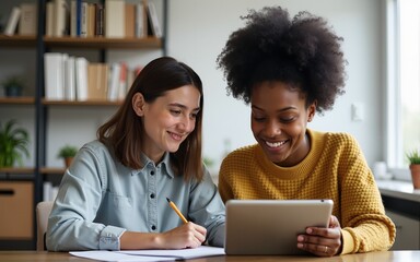 Mature Caucasian teacher sitting next to his Black student explaining her how to do task and showing something on digital tablet. High quality