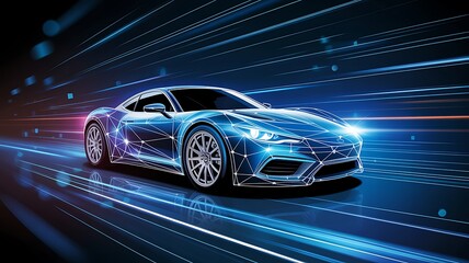 Futuristic blue sportscar speeds with a technological design and light trails symbolizing innovation and dynamic performance.