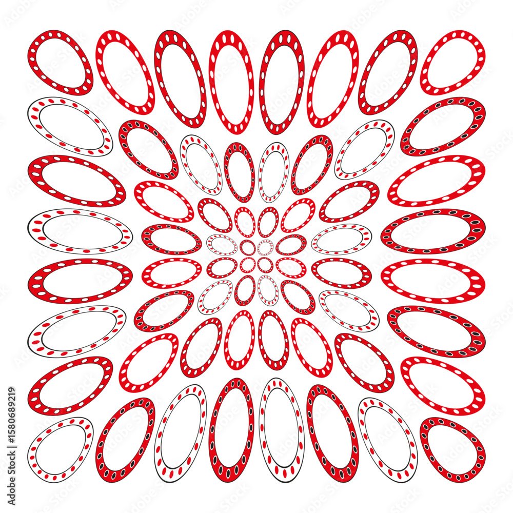 Poster optical illusion circles. red white perspective. radial vortex vector. abstract geometric pattern.