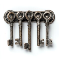 Five vintage metal skeleton keys on a matching horizontal key holder, displayed on a white background.